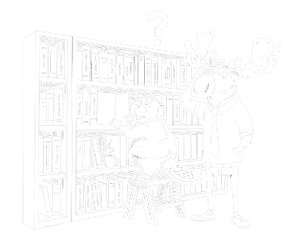 Illustration of a beaver and a moose searching a bookshelf