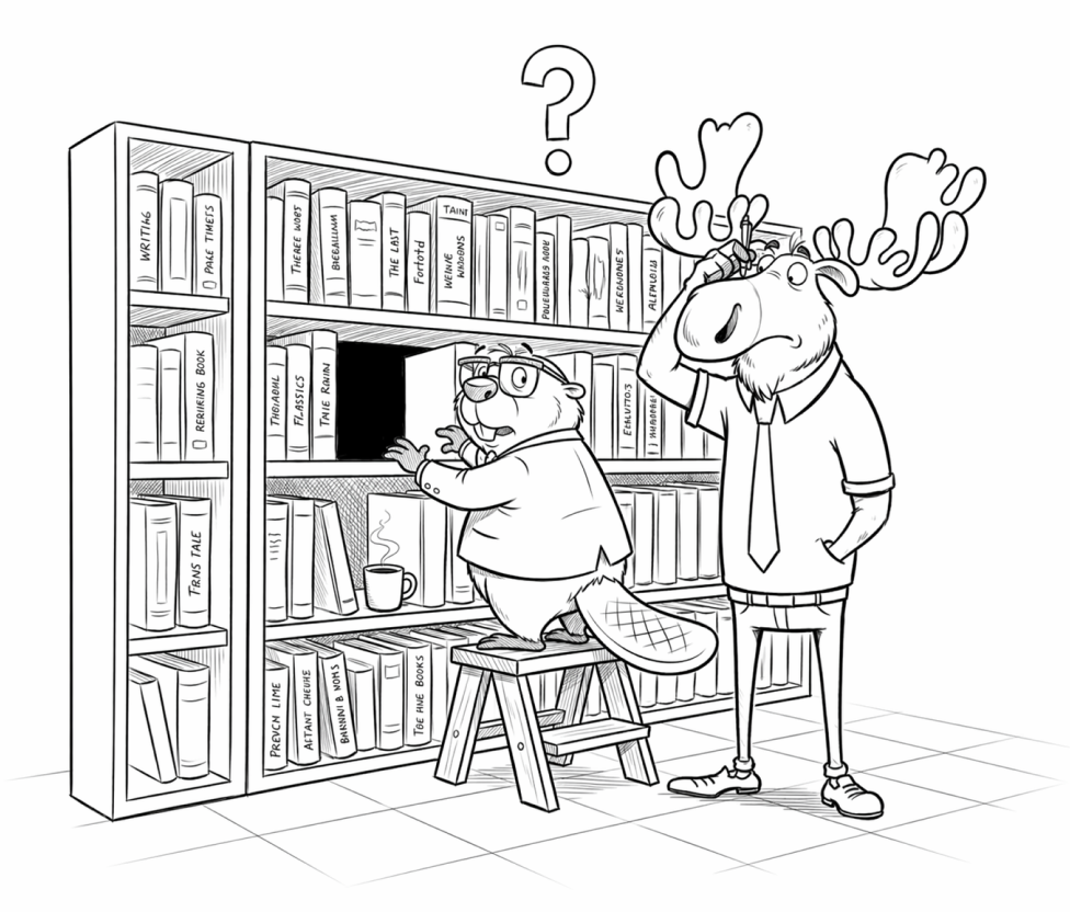 Illustration of a beaver and a moose searching a bookshelf