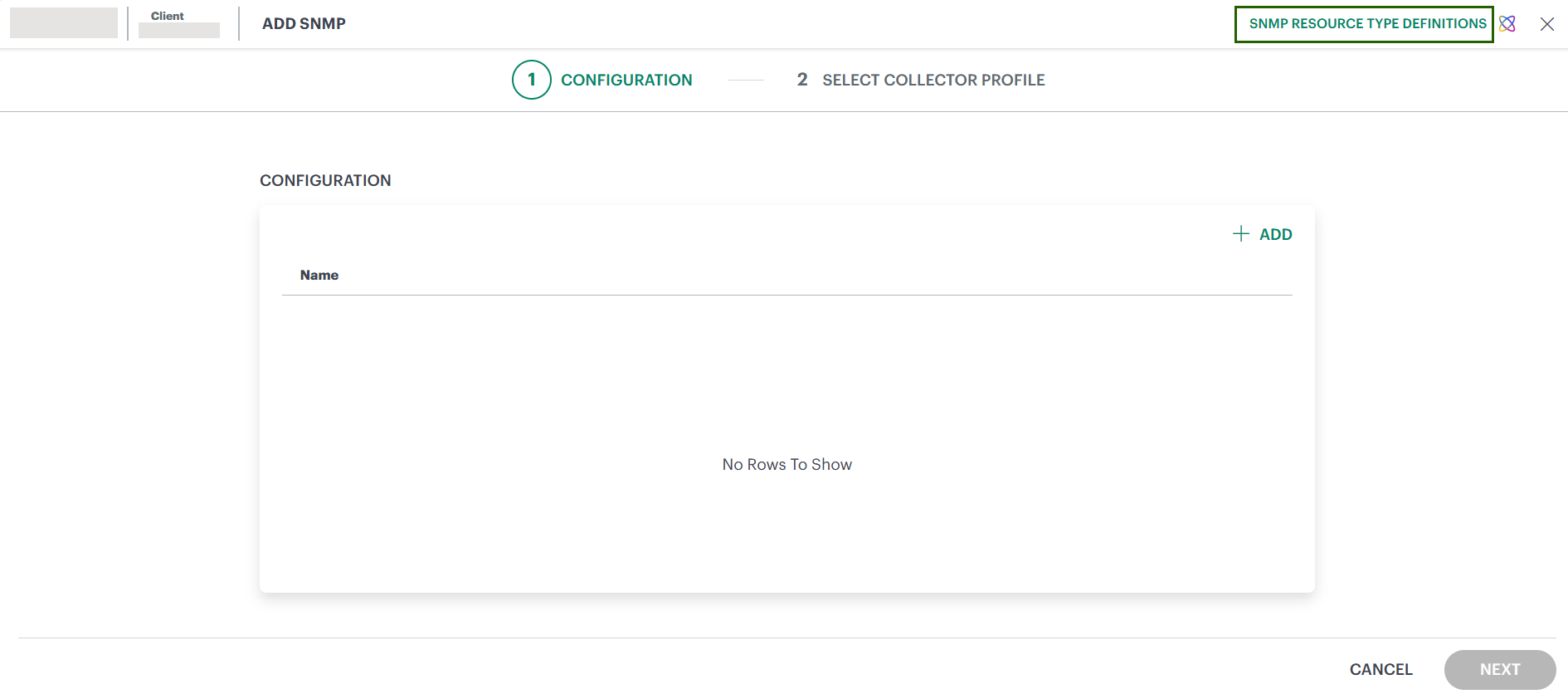 SNMP Resource Type Definitions - Configuration page