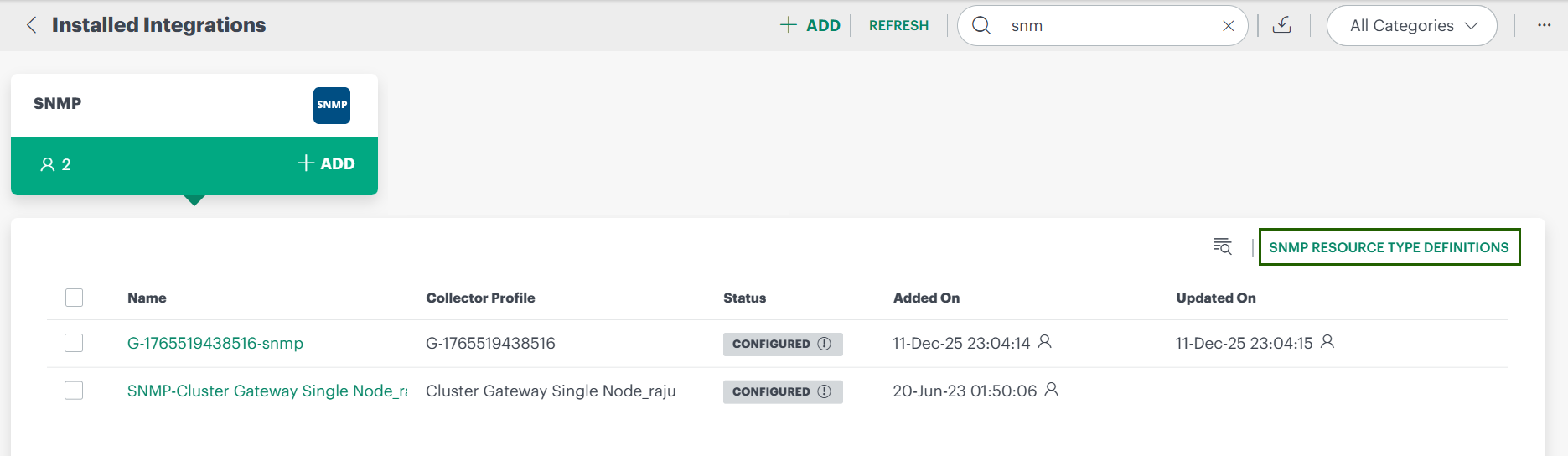 SNMP Resource Type Definitions - Installed Integrations page